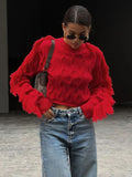 Black Friday Dodobye Splice Tassel Short Knitted Top Female Solid Slim Fit Long Sleeves Fashion Pullover Sweater Women's Autumn Winter Casual