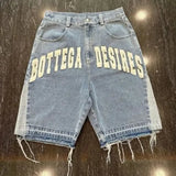 Dodobye 2000s Bottega Desires Pieces Skateboard Denim Shorts Letter Cartoon Patchwork Loose Jeans Wide Leg Pants Harajuku Rock Pants Men