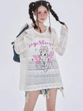 Black Friday Dodobye Anime Women Sweater Oversize Spider Web Mesh Long Sleeve Top Y2k Kawaii Rabbit Embroidery Korean Style Cutecore Clothes