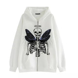 Dodobye Y2K Aesthetic Zip Up Sweatshirts E-girl Gothic Grunge Emo Skeletons Wings Print Oversized Hoodies Autumn Long Sleeve Coat Top