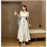 Dodobye French Elegant Black White Dress For Women Summer Square Collar Short Sleeve Slim Long Dress Evening Party Vintage Dresses