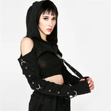 Women's Gothic Diablo Fashion Top Round Neck Long Sleeve Model Hooded Exposed Navel Mesh Short Sweatshirt