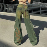 Dodobye-Grunge Fairycore Cargo Pants Denim Y2K Aesthetic Chic Dragon Embroidery Women Jeans Baggy Distressed Chic Trousers