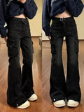 Dodobye- Black Cargo Flare Jeans Women Streetwear Vintage Baggy Korean High Waist Denim Pants Y2k Causal Kpop Wide Leg Trousers