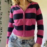 Dodobye 90s Vintage Y2K Aesthetic Striped Cropped Sweater Autumn Zip Up Knitted Cardigans Hooded Women Long Sleeve Slim Fit Coats