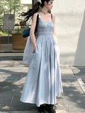 Dodobye New Summer Solid Midi Dress Women Spaghetti Strap A-line Casual Korean Chic Streetwear with Pockets Slim One Piece Vestidos