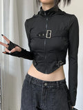 Dodobye Gothic Black Zip Up Tshirt Women Long Sleeve High Street Hipster 2000s Y2k Cargo Style Tops E-girl Irregular Alt Clothes