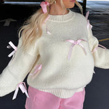 Dodobye Vintage Y2K Cottage Knitwear Tops Streetwear Pink Ribbon Bowknot Knitted Sweater Women Girl Autumn Winter Long Sleeve Pullovers