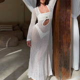 Dodobye Summer Vacation Crochet Cutouts Long Sleeves Split Long Dress Beach Style Knitted Maxi Dress Bikini Cover Ups Bikini Swimsuit