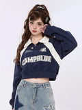 Black Friday Dodobye Contrast Patchwork Hoodies Women Oversized Letter Print Sport Long Sleeve Sweatshirts Korean Style Polo Collar Girl Tops