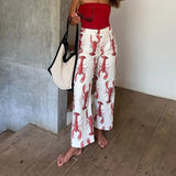 Dodobye Summer Outfits Women Vintage 2 Piece Set Lobster Print Front Tie-up Puff Sleeve T-shirt + Wide Leg Long Pants Lounge Streetwear