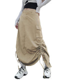 Dodobye Retro Women Long Cargo Pocket Baggy Skirts Side Drawstring Low Rise Solid Pockets Hip Hop Straight Skirts Y2k Streetwear