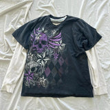 Dodobye Japanese Edgy 00s Retro Gothic Emo T-shirt Cyber Y2K Grunge Mall Goth Top Patchwork Full Sleeve Baggy Pullovers Tees