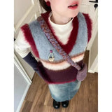 Dodobye Vintage Harajuku Striped Sweaters Vest 2024 Autumn New V-neck Slim Fit Knitted Vests Y2k Aesthetics Sleeveless Tops Women