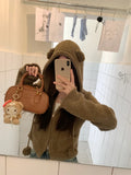 Black Friday Dodobye Kawaii Brown Bear Ears Hooded Sweatshirt Fleece Zip Up Cropped Hoodies Cutecore Korean Style Autumn Winter Clothes Women