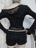 Women's Gothic Directional Design New Fall Halloween Elegant Slant Shoulder Flocking Patchwork Long Sleeve Top