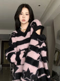 Black Friday Dodobye Harajuku Striped Sweater Oversize Y2k Style Pink Detachable Sleeves Star Print Jumpers Gothic Winter Korean Alt Clothes