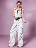 Dodobye White High Waist Pants Women Y2k Causal Loose Bows Pattern Korean Style Wide Leg Trousers Hip Hop Fashion Street Bottoms