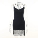 Dodobye Sexy Bodycon Dress Knitted Tassel Wrap Mini Dress Chic Backless Tie-up Halter Club Party Night Cocktail Dress Ladies