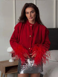 Dodobye Casual O-neck Spliced Feather Knitted Cardigan For Women Fashion Single Breasted Long Sleeved Red Sweater Autumn Lady Outerwear