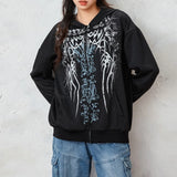 Dodobye Graphic Print Zip Up Hoodie 00s Retro Cyber Y2K Sweatshirt Wings Grunge Emo Goth Jacket Coat Women Men Aesthetic Streetwear