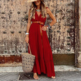 Dodobye Summer Lace Patchwork Dress Women V Neck Vintage Long Dress Sleeveless Boho Party Maxi Dress Female Casual Belted Beach Dress