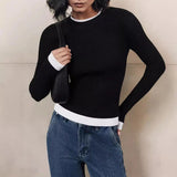 Black Friday Dodobye Fall Winter Contrast Color Knitted Sweater Female Long Sleeve Thin Knitted Bottoming Stitching Rabbit Fleece Pullover Top