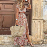 Dodobye  Long Dress for Women Fashion V Neck Short Sleeve Paisley Print Dresses Summer Belt Large Hem Beach Dress Elegant Maxi Dress