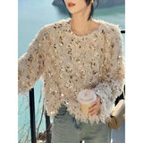 Dodobye Korean Chic Sequin Tassel Sweaters Mujer 2024 Autumn New O-neck Plush Knitted Pullover Y2k E-Girl Long Sleeve Tops Women