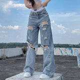 Dodobye Streetwear Straight Pants Ladies Ripped Jeans Mid Waist Loose Wide Leg Pants Ladies Jeans Y2K Summer High Street  Cargo Pants