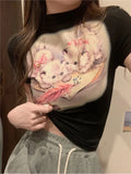 Dodobye Sweet Yellow Short Sleeved T-shirt for Women 2024 Summer Fashion Slim Fit Tee Shirt Y2k Grunge O-neck Kawaii Cat Print Tops