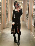 Black Friday Dodobye Ruffled High Waist Knitted Long Dress For Women Elegant Slim Rib Sweater Maxi Dresses Button Female Retro Autumn Winter