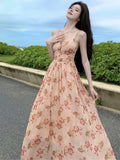 Dodobye Summer New Spaghetti Strap Floral Long Dresses for Women Backless A-line Beach Style Korean Fashion Party Dress Casual Vestidos