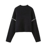 Black Friday Dodobye Contrast Patchwork Topstitch Sweater Female Pullovers 2024 Autumn Round Collar Warm Knitted Top Chic Long Sleeve Loose