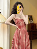 Dodobye Elegant Plaid Midi Dress Women French Vintage Spaghetti Strap A-line Spring Summer Holiday Beach Style Prom Robe Vestidos Mujer