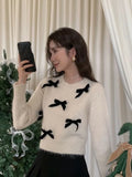 Dodobye Fashion 3d Bow O-neck Short Knitted Women's Sweater Casual Long Sleeve Slim Warm Pullover Autumn Female High Street Commute Tops