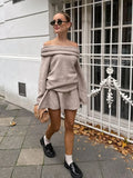 Dodobye One Neck Off Shoulder Long Sleeved Women's Sweater Set Fashion Solid Color Cashmere Mini Skirt Suits Lady Chic Street Outfit