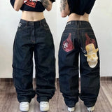 Dodobye Y2K Baggy Jeans Streetwear Womens Hip Hop Skull Graphic Jeans Black Pants New Harajuku Gothic High Waisted Wide Leg Trousers