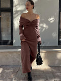 Black Friday Dodobye Elegant Brown Knitted Long Dress For Women One-shoulder Ruched Sexy Sweater Dress Slim Plunge Club Party Dress Female