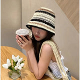 Dodobye Handmade Crochet Striped Bucket Hat For Women Hollow Knitted Cotton Panama Lovely Rainbow Fisherman Hats Summer Holiday Sun Caps