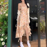 Dodobye French Style Floral Women Lovely Dress Elegant Irregular Tighten The Waist 2024 Spring Summer New Dress Fashion Princess Dress