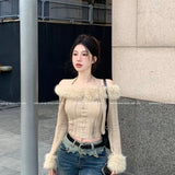 Dodobye Fur Collar Off Shoulder Halter Tops Mujer Y2k Slim Fit Long Sleeve Cardigan 2024 Autumn Winter New Bottoming Sweaters