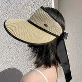 Dodobye New Summer Adjustable Ribbon Empty Straw Hats For Women Foldable Wide Large Brim Beach Hat Chapeau Femmeuv Protection Cap