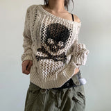 Dodobye Harajuku Grunge Y2K Aesthetics Retro Jumpers Skeleton Print Hollow Out Knitted Sweater Autumn Full Sleeve Pullovers Korean