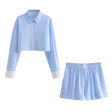 Dodobye Sky Blue Striped Crop Shirt and Boxer Shorts Set