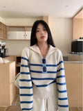 Black Friday Dodobye Blue Stripe Sweater Women Zipper Mock Neck Pullover Korean Fashion Vintage Basic Raglan Sleeve Winter Clothes Ins 2024