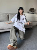 Dodobye Sporty Oversized T Shirt Women Letters Print Streetwear Harajuku Short Sleeve Cargo Tops Hippie Loose Y2k Clothes Summer