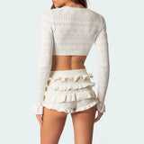 Dodobye 2 Piece Set Knitted Long Sleeve Crop Sweater Tops + Ruffles Shorts Vintage Outfits Women Autumn Matching Suit Y2K Streetwear