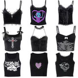 Dodobye Harajuku Grunge Corset Crop Top Lace Trim Sleeveless Tank Top Gothic Black Emo Alt Clothes y2k Punk Vest Women Streetwear