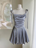 Dodobye Sexy Satin Short Dress with Belt Chain Women New Summer Solid Spaghetti Strap Slim A-line Pleated Korean Chic Y2K Party Dresses